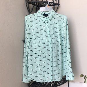 Mint green, glasses printed button up shirt